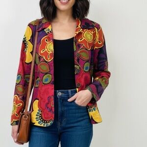VTG Life Style Colorful Abstract Floral 100%Cotton Button Up Jacket Blazer Sz PS